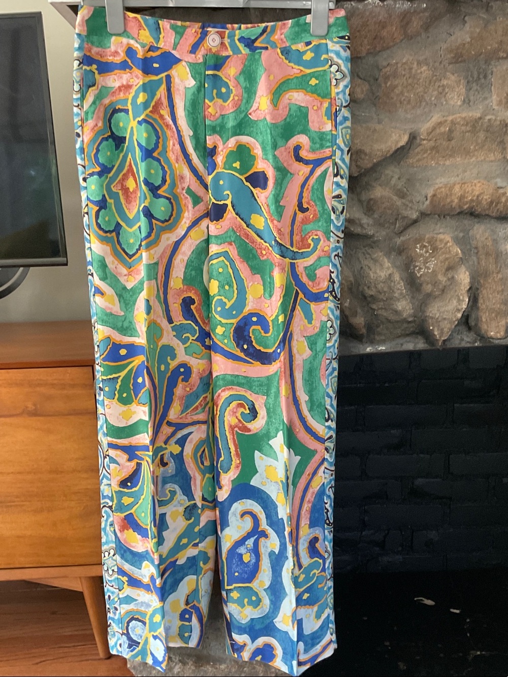 Maeve by Anthropologie Rhiannon Full Length Satin Wide Leg Pants Paisley